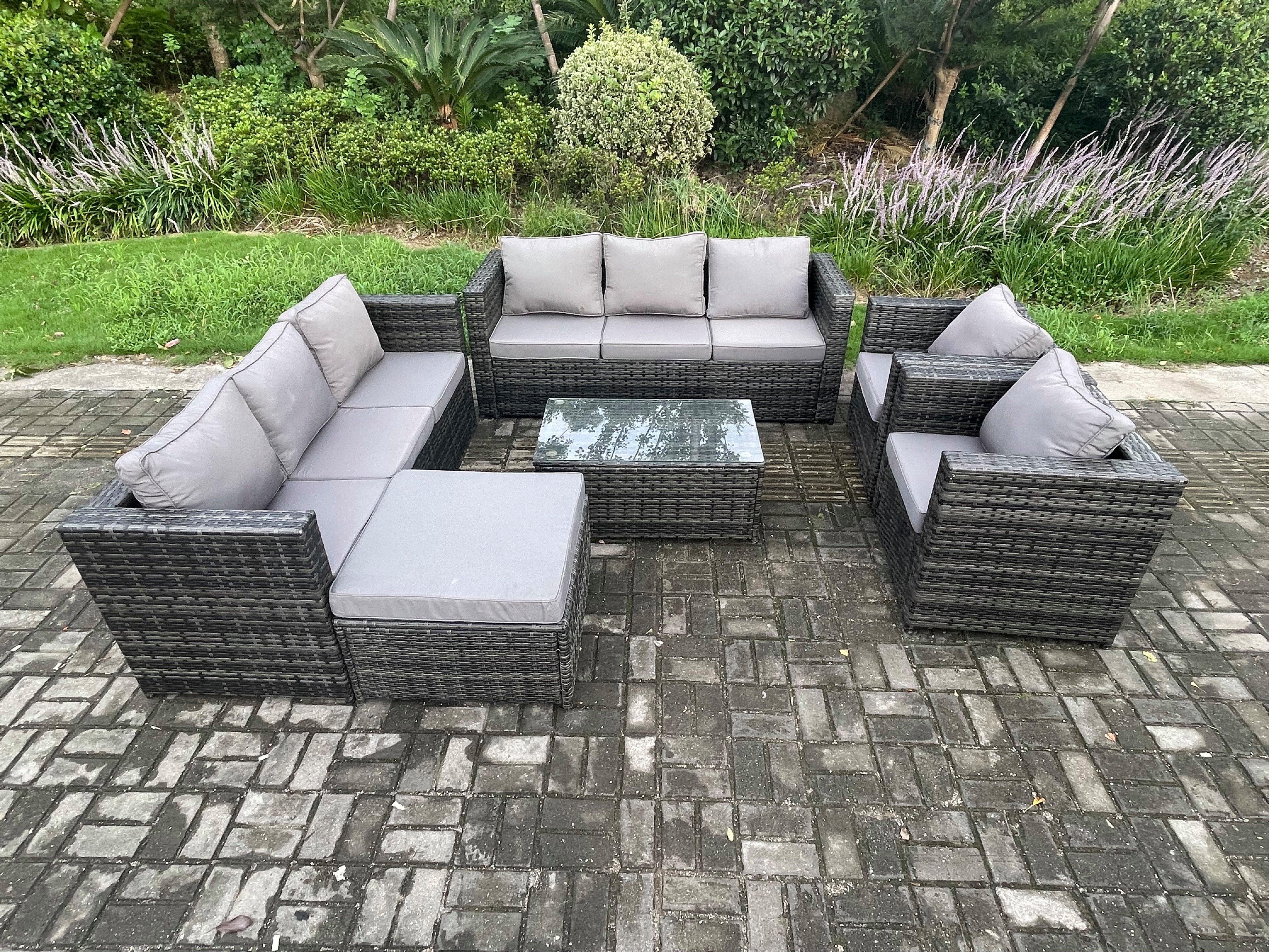 Outdoor Lounge Sofa Set Wicker PE Rattan Garden Furniture Set with 2 Armchair Oblong Coffee Table Bi